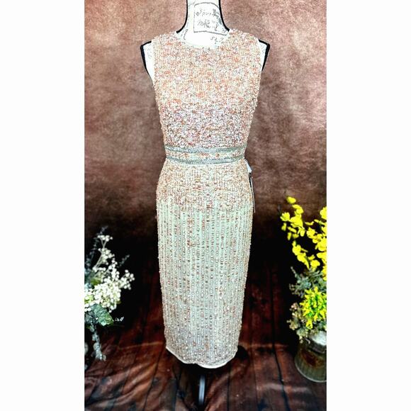 Mac Duggal Sleeveless High Neck Beaded Sheath Dress Nude 4 - Picture 5 of 14